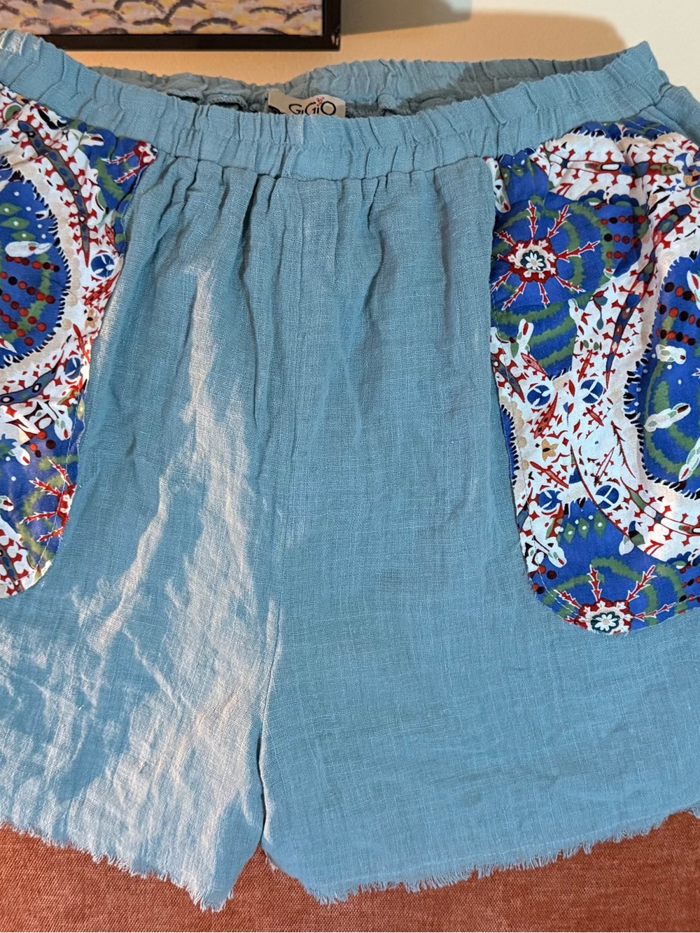 Light Blue Linen-Blend Women's with Patterned Pocket Accents